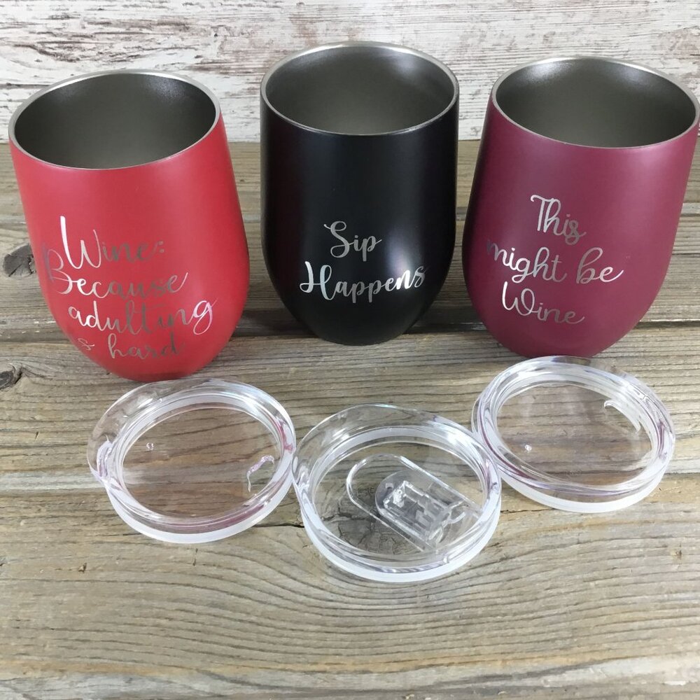 Set of 3 Stemless Wine Tumblers with Lids, Funny Wine Sayings, Laser Engraved - Picture 8 of 8